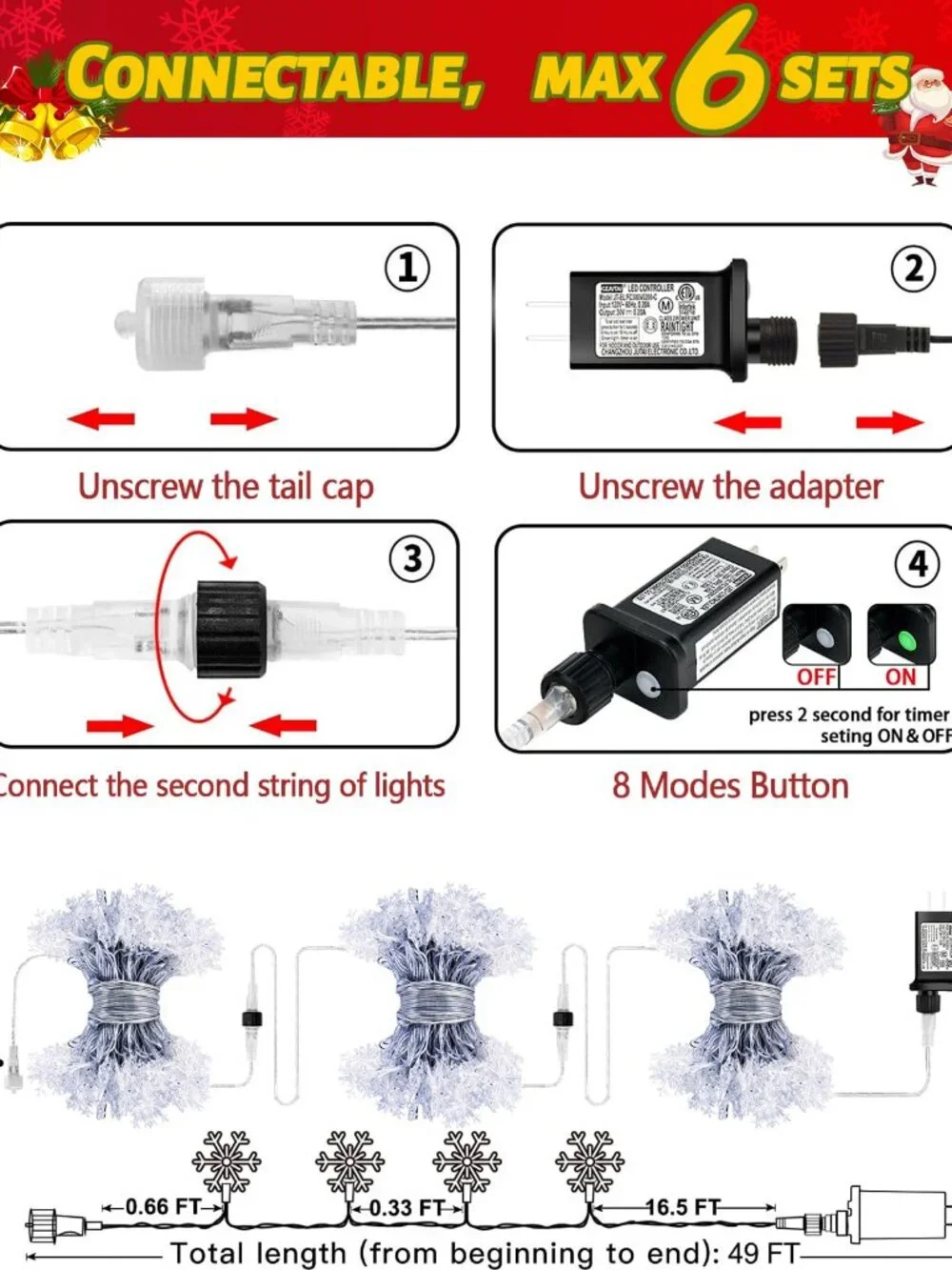 100 LED Snowflake Lights 32ft Plug in Christmas String Lights 8 Modes White